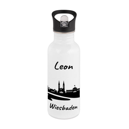 Trinkflasche in Weiß 600ml aus Edelstahl bedruckt mit der Skyline von Wiesbaden personalisierbar mit Wunschname