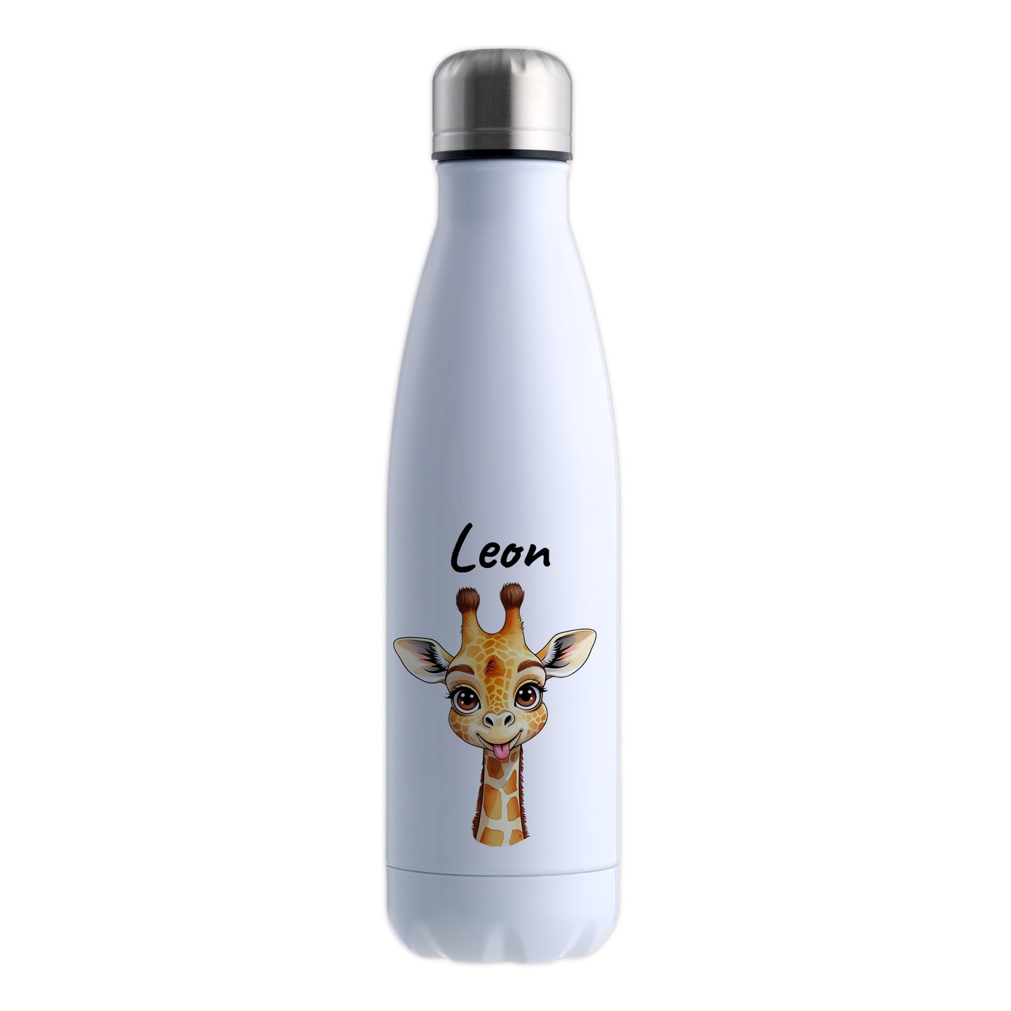 Trinkflasche in Weiß 500ml aus Edelstahl bedruckt mit niedlichen Tieren "Giraffe" personalisierbar für Kinder mit Wunschname