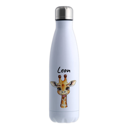 Trinkflasche in Weiß 500ml aus Edelstahl bedruckt mit niedlichen Tieren "Giraffe" personalisierbar für Kinder mit Wunschname