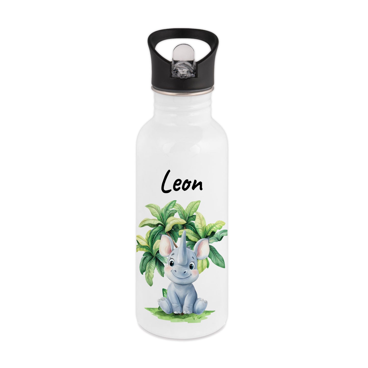 Trinkflasche mit Strohhalm in Weiß 600ml bedruckt mit Dschungel Tieren"Nashorn" personalisierbar für Kinder mit Wunschname aus Edelstahl