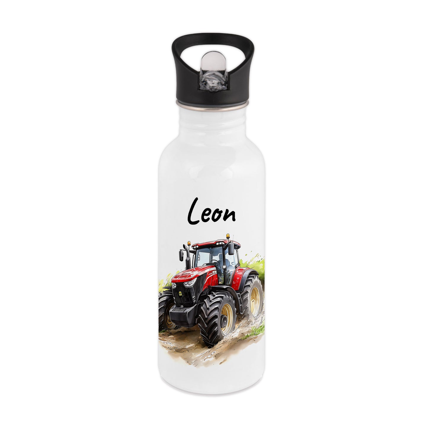 Trinkflasche mit Strohhalm in Weiß 600ml bedruckt mit tollen Motiven für Kinder "Traktor" personalisierbar für Kinder mit Wunschname aus Edelstahl