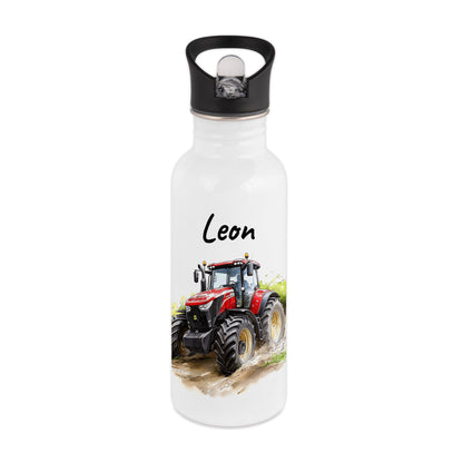 Trinkflasche mit Strohhalm in Weiß 600ml bedruckt mit tollen Motiven für Kinder "Traktor" personalisierbar für Kinder mit Wunschname aus Edelstahl
