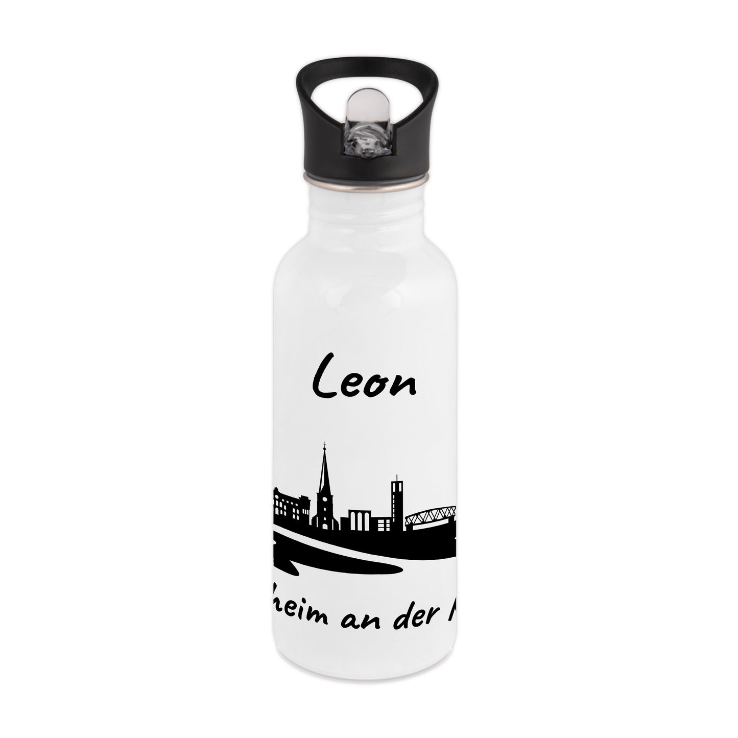 Trinkflasche in Weiß 600ml aus Edelstahl bedruckt mit der Skyline von Mülheim an der Ruhr personalisierbar mit Wunschname