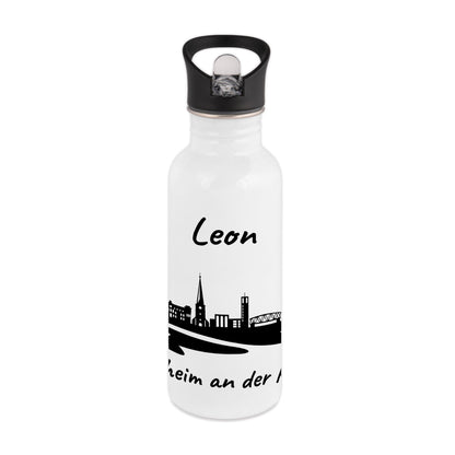 Trinkflasche in Weiß 600ml aus Edelstahl bedruckt mit der Skyline von Mülheim an der Ruhr personalisierbar mit Wunschname