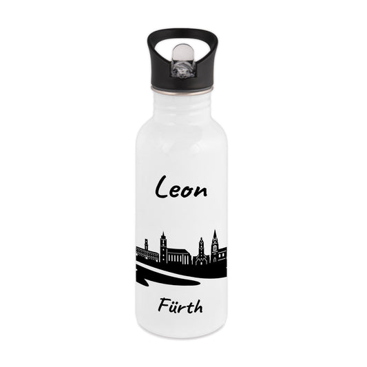 Trinkflasche in Weiß 600ml aus Edelstahl bedruckt mit der Skyline von Fürth personalisierbar mit Wunschname