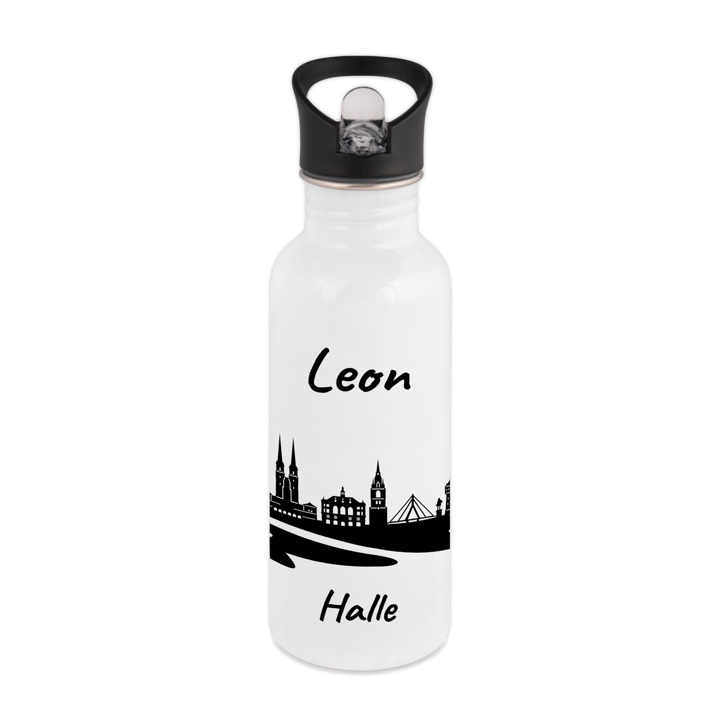 Trinkflasche in Weiß 600ml aus Edelstahl bedruckt mit der Skyline von Halle personalisierbar mit Wunschname