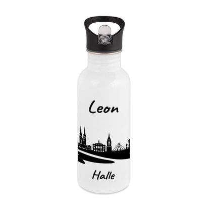 Trinkflasche in Weiß 600ml aus Edelstahl bedruckt mit der Skyline von Halle personalisierbar mit Wunschname
