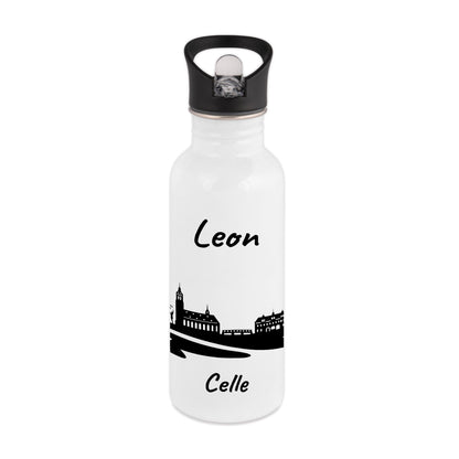 Trinkflasche in Weiß 600ml aus Edelstahl bedruckt mit der Skyline von Celle personalisierbar mit Wunschname