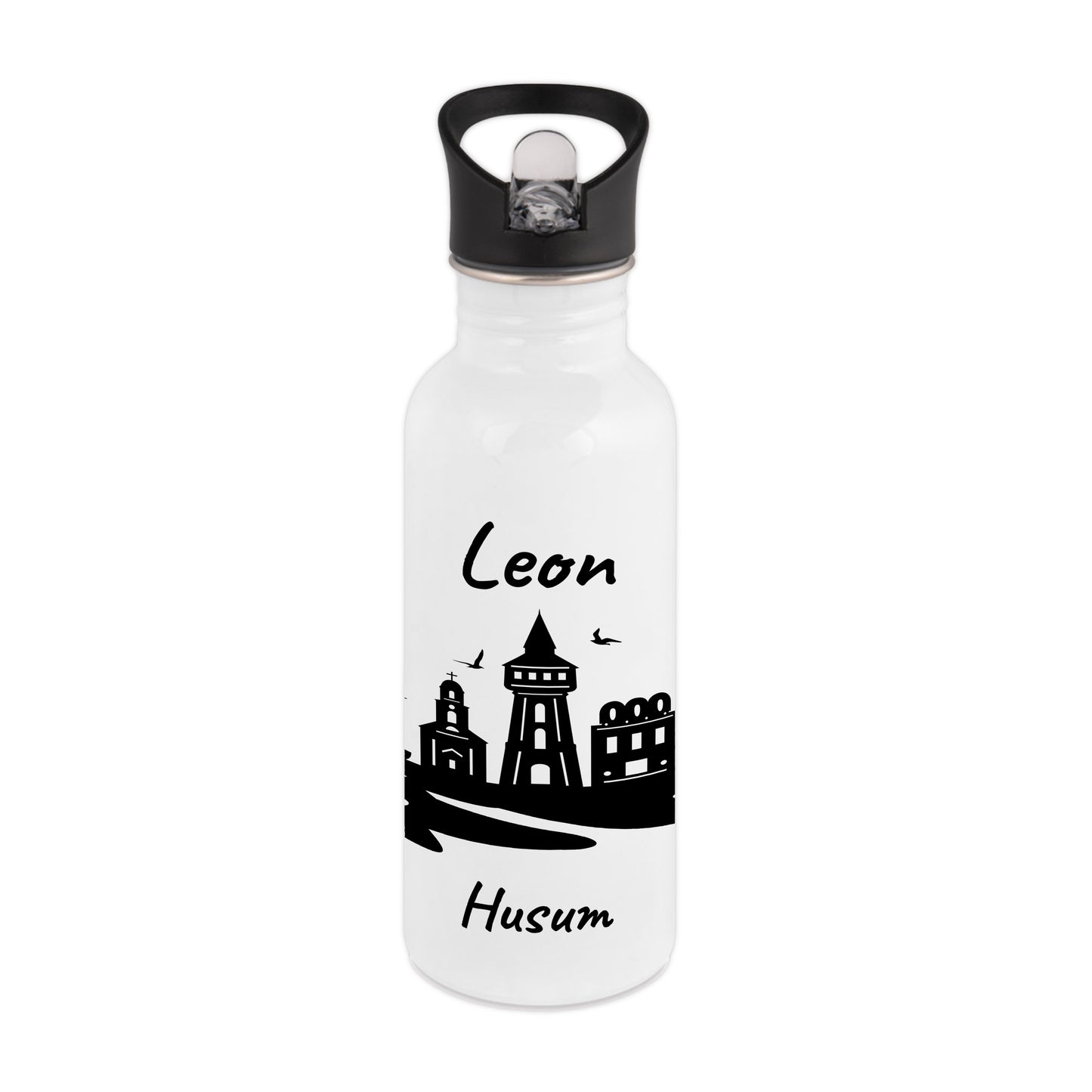 Trinkflasche in Weiß 600ml aus Edelstahl bedruckt mit der Skyline von Husum personalisierbar mit Wunschname