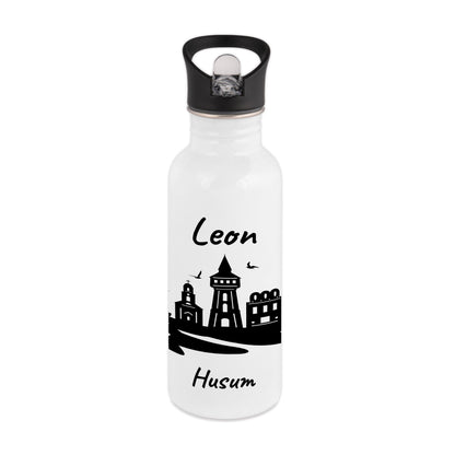 Trinkflasche in Weiß 600ml aus Edelstahl bedruckt mit der Skyline von Husum personalisierbar mit Wunschname