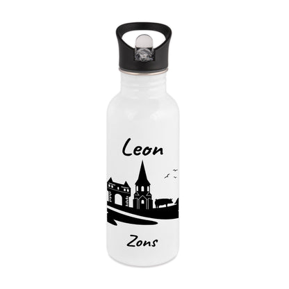 Trinkflasche in Weiß 600ml aus Edelstahl bedruckt mit der Skyline von Zons (Dormagen) personalisierbar mit Wunschname
