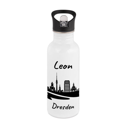 Trinkflasche in Weiß 600ml aus Edelstahl bedruckt mit der Skyline von Dresden personalisierbar mit Wunschname