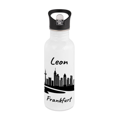 Trinkflasche in Weiß 600ml aus Edelstahl bedruckt mit der Skyline von Frankfurt personalisierbar mit Wunschname