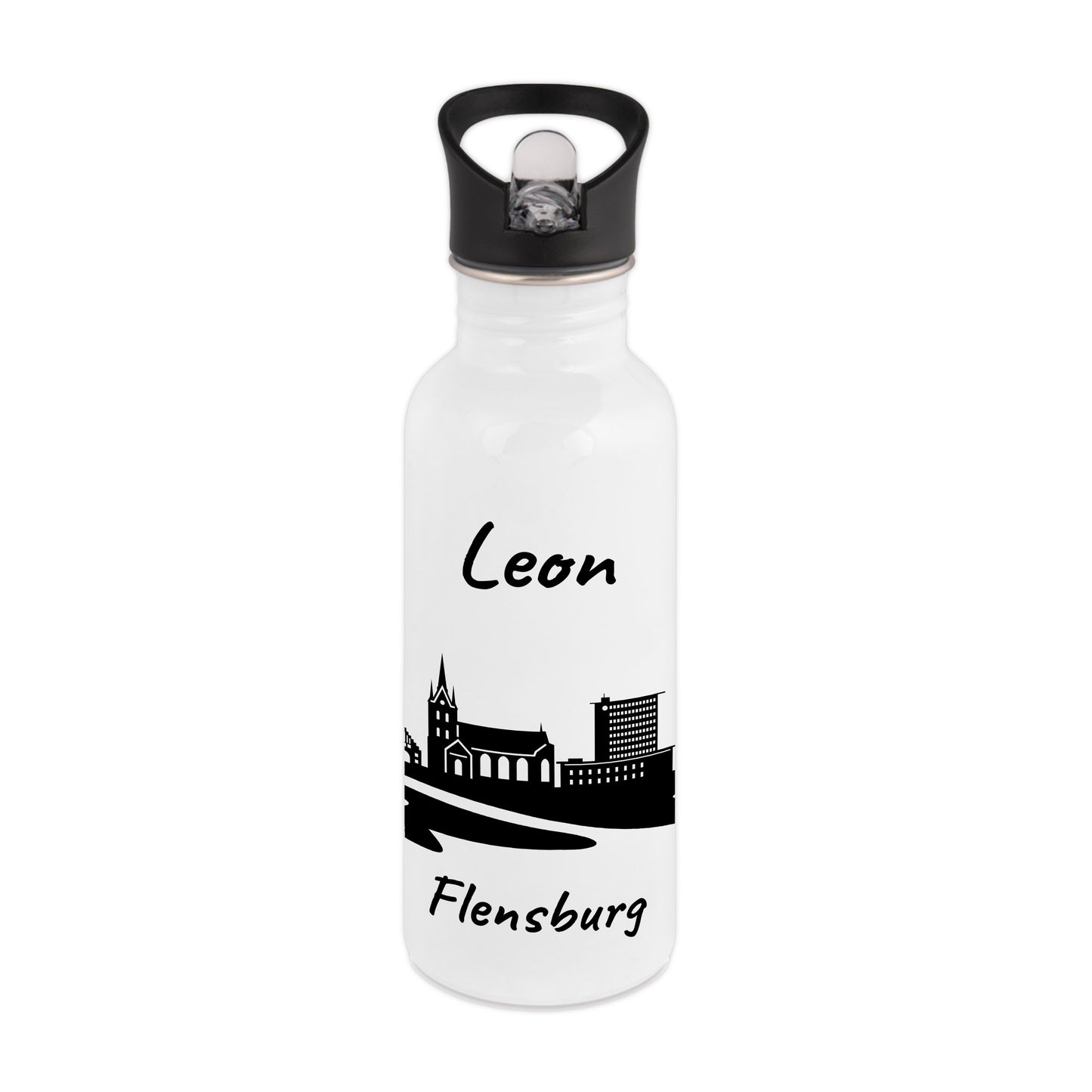 Trinkflasche in Weiß 600ml aus Edelstahl bedruckt mit der Skyline von Flensburg personalisierbar mit Wunschname