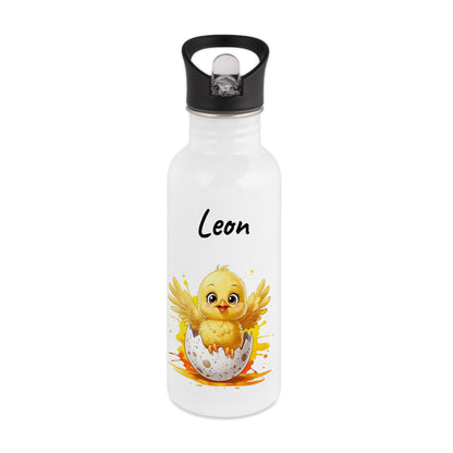 Trinkflasche mit Strohhalm in Weiß 600ml bedruckt mit niedlichen Tieren"Küken" personalisierbar für Kinder mit Wunschname aus Edelstahl