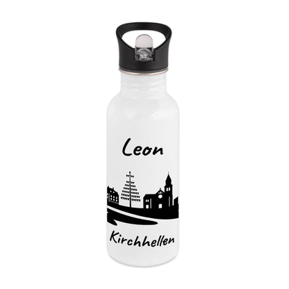 Trinkflasche in Weiß 600ml aus Edelstahl bedruckt mit der Skyline von Kirchhellen personalisierbar mit Wunschname
