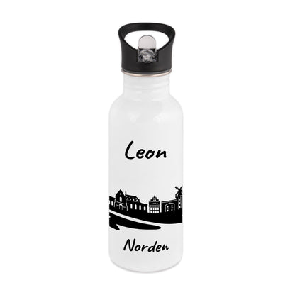 Trinkflasche in Weiß 600ml aus Edelstahl bedruckt mit der Skyline von Norden personalisierbar mit Wunschname