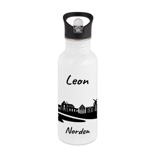 Trinkflasche in Weiß 600ml aus Edelstahl bedruckt mit der Skyline von Norden personalisierbar mit Wunschname