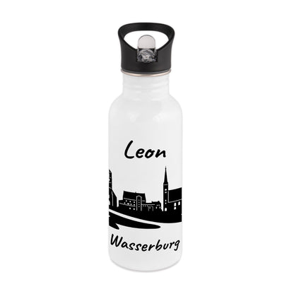 Trinkflasche in Weiß 600ml aus Edelstahl bedruckt mit der Skyline von Wasserburg personalisierbar mit Wunschname