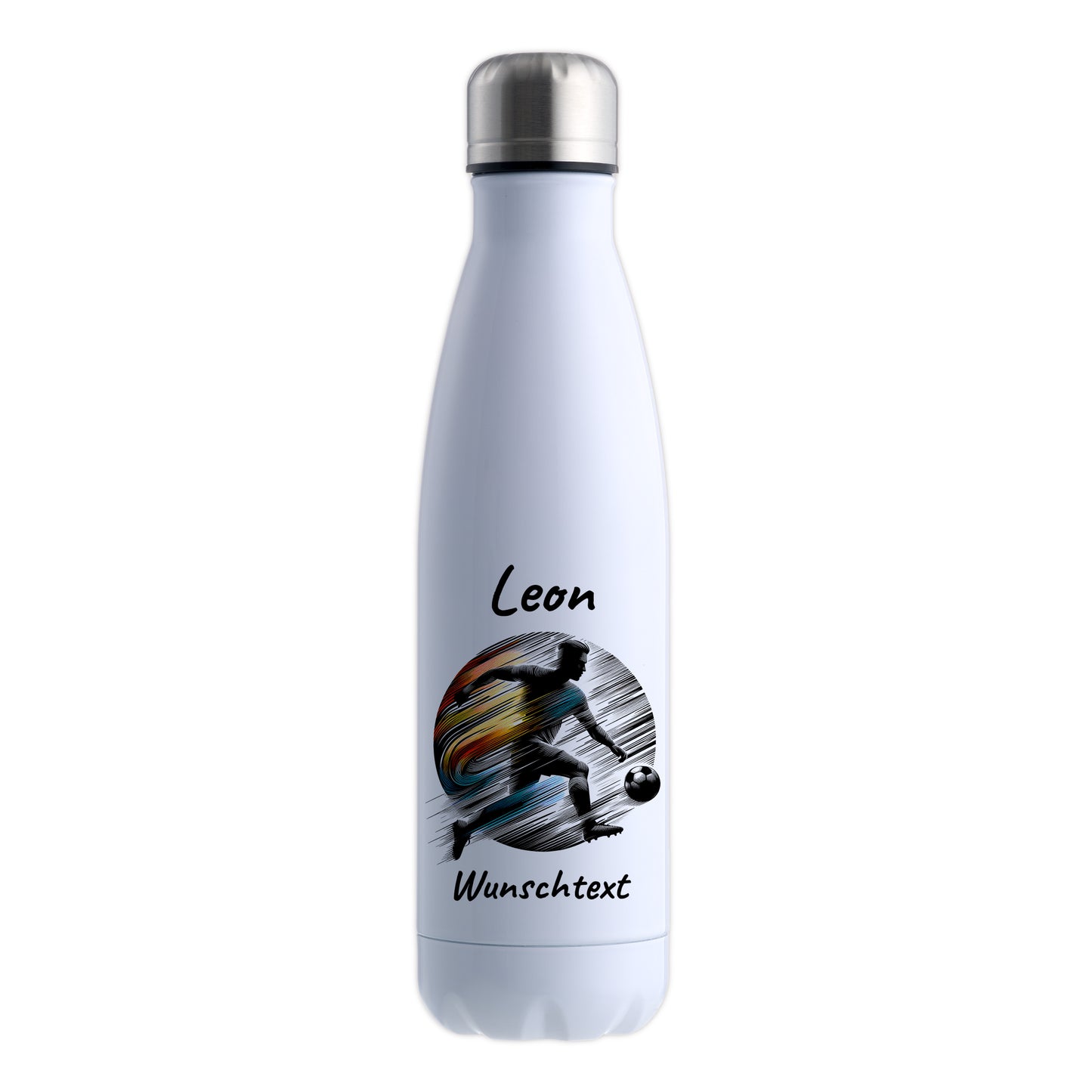 Thermoflasche 500ml in Weiß aus Edelstahl bedruckt "Fußball" Motiv2 personalisierbar mit Wunschname & Text
