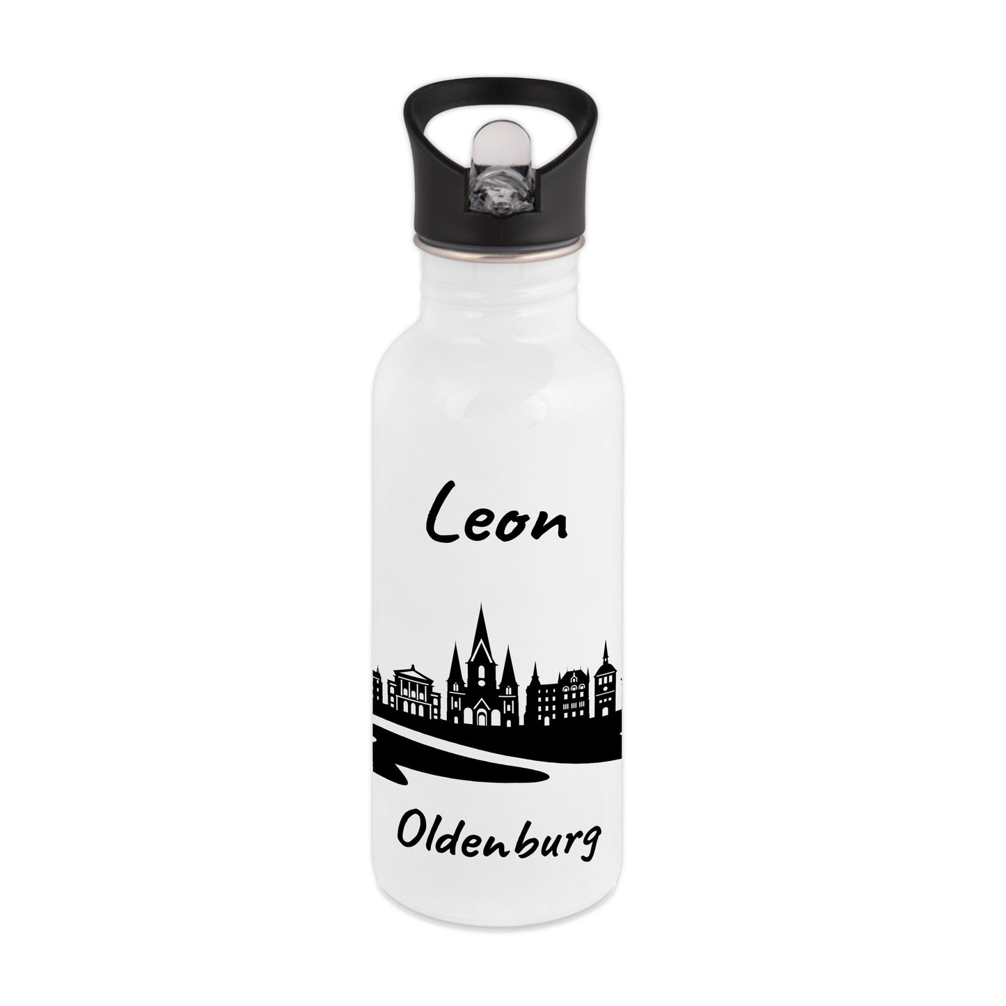 Trinkflasche in Weiß 600ml aus Edelstahl bedruckt mit der Skyline von Oldenburg personalisierbar mit Wunschname
