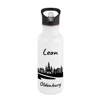 Trinkflasche in Weiß 600ml aus Edelstahl bedruckt mit der Skyline von Oldenburg personalisierbar mit Wunschname