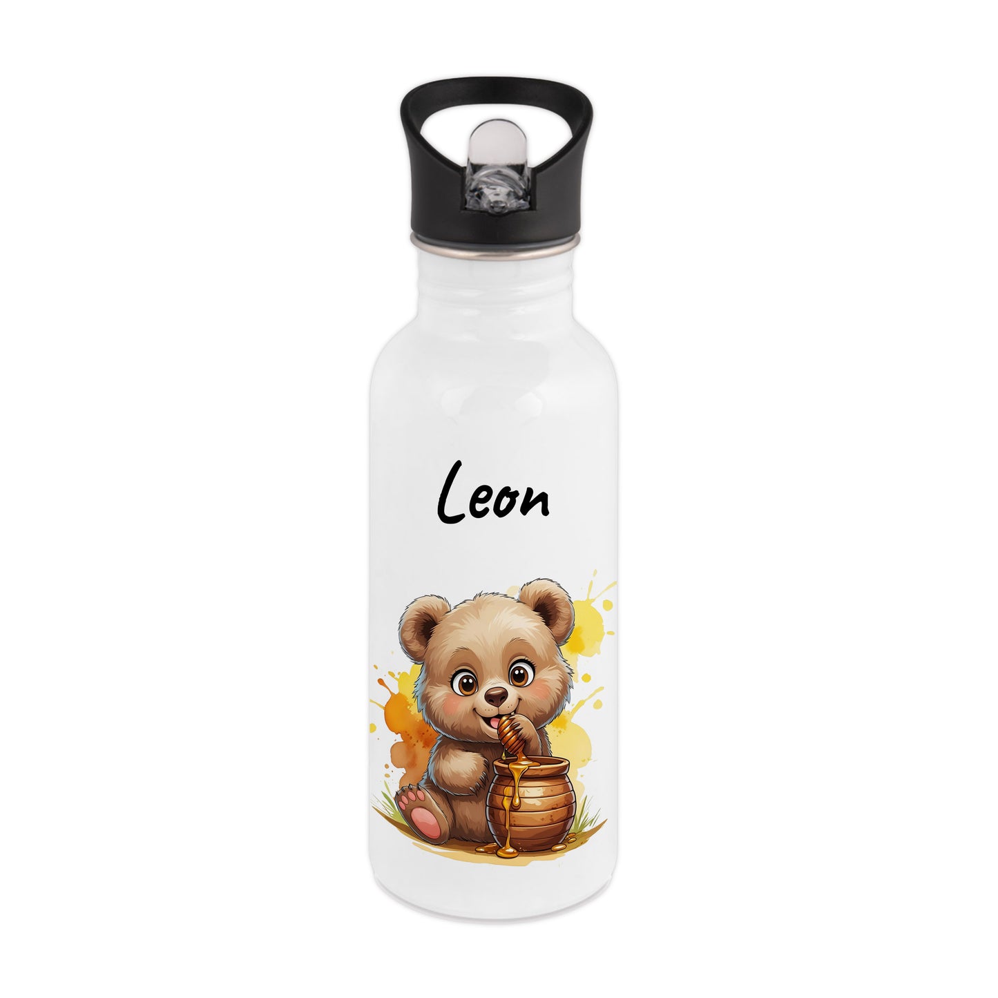 Trinkflasche mit Strohhalm in Weiß 600ml bedruckt mit niedlichen Tieren"Bär" personalisierbar für Kinder mit Wunschname aus Edelstahl