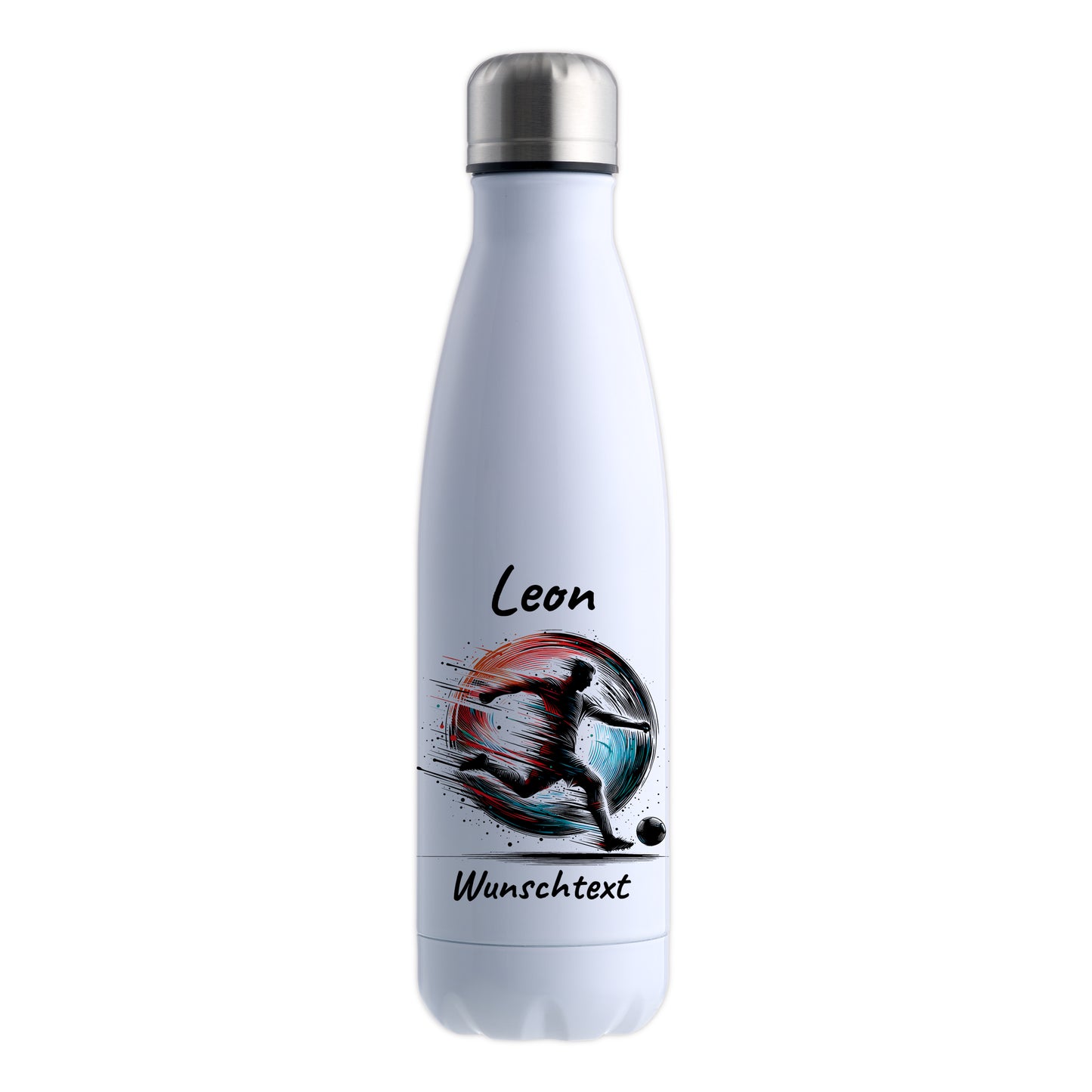 Thermoflasche 500ml in Weiß aus Edelstahl bedruckt "Fußball" Motiv3 personalisierbar mit Wunschname & Text