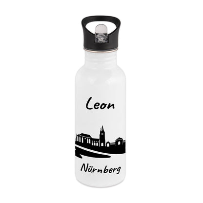 Trinkflasche in Weiß 600ml aus Edelstahl bedruckt mit der Skyline von Nürnberg personalisierbar mit Wunschname
