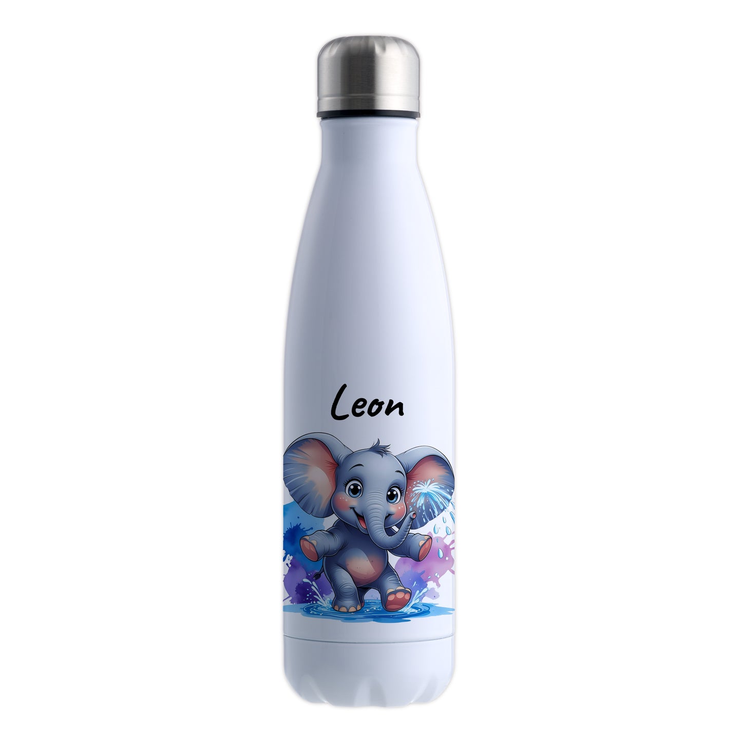 Trinkflasche in Weiß 500ml aus Edelstahl bedruckt mit niedlichen Tieren "Elefant" personalisierbar für Kinder mit Wunschname