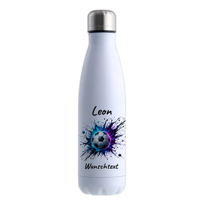 Thermoflasche 500ml in Weiß aus Edelstahl bedruckt "Fußball" Motiv10 personalisierbar mit Wunschname & Text