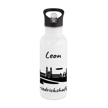 Trinkflasche in Weiß 600ml aus Edelstahl bedruckt mit der Skyline von Friedrichshafen personalisierbar mit Wunschname
