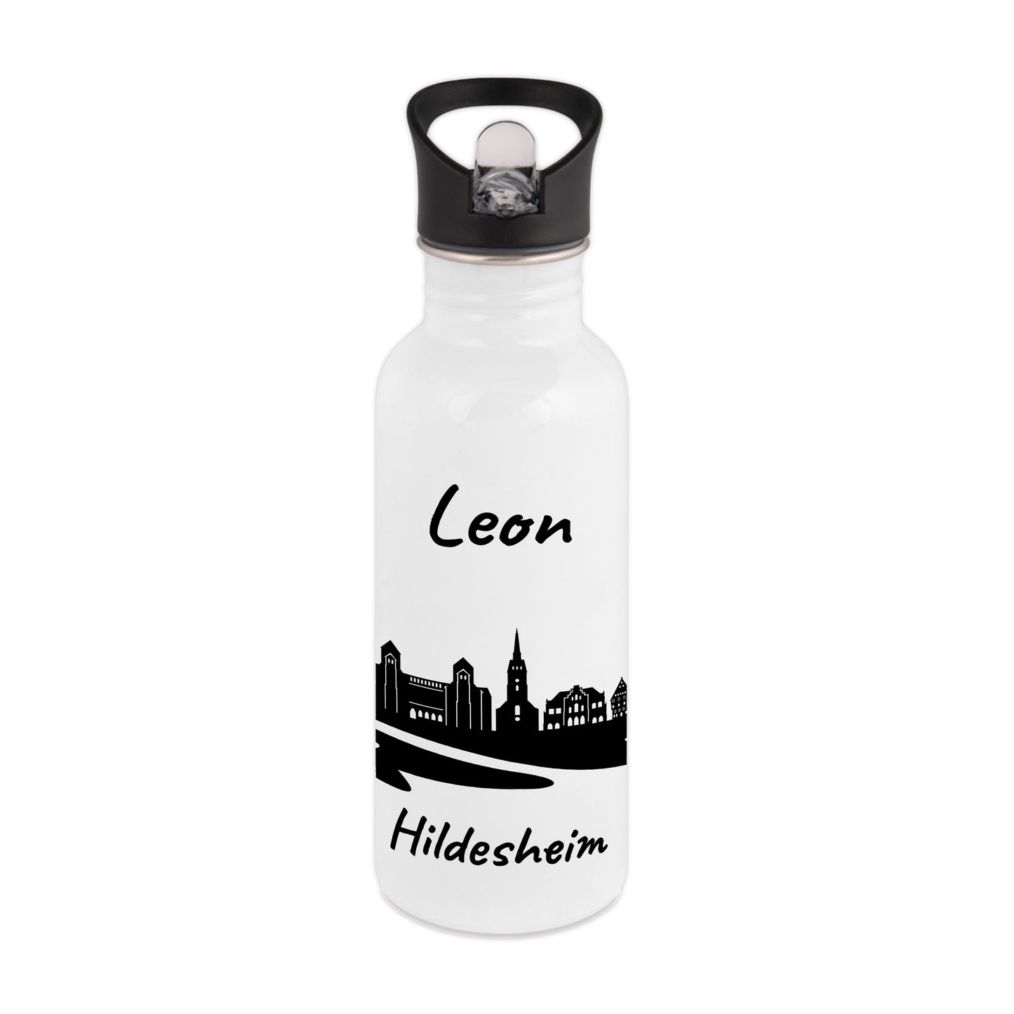 Trinkflasche in Weiß 600ml aus Edelstahl bedruckt mit der Skyline von Hildesheim personalisierbar mit Wunschname