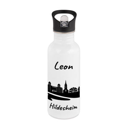 Trinkflasche in Weiß 600ml aus Edelstahl bedruckt mit der Skyline von Hildesheim personalisierbar mit Wunschname