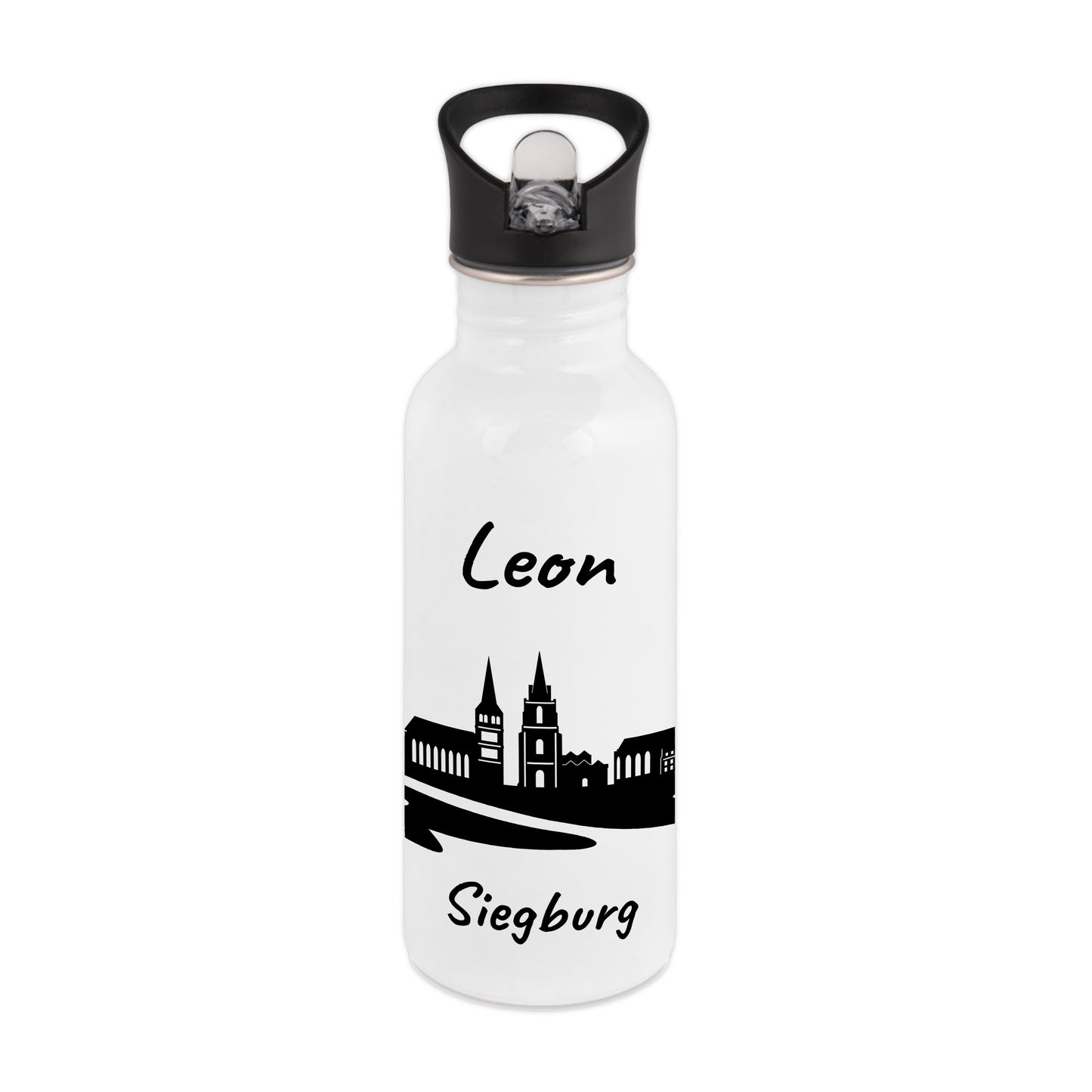Trinkflasche in Weiß 600ml aus Edelstahl bedruckt mit der Skyline von Siegburg personalisierbar mit Wunschname