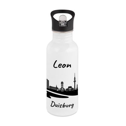 Trinkflasche in Weiß 600ml aus Edelstahl bedruckt mit der Skyline von Duisburg personalisierbar mit Wunschname
