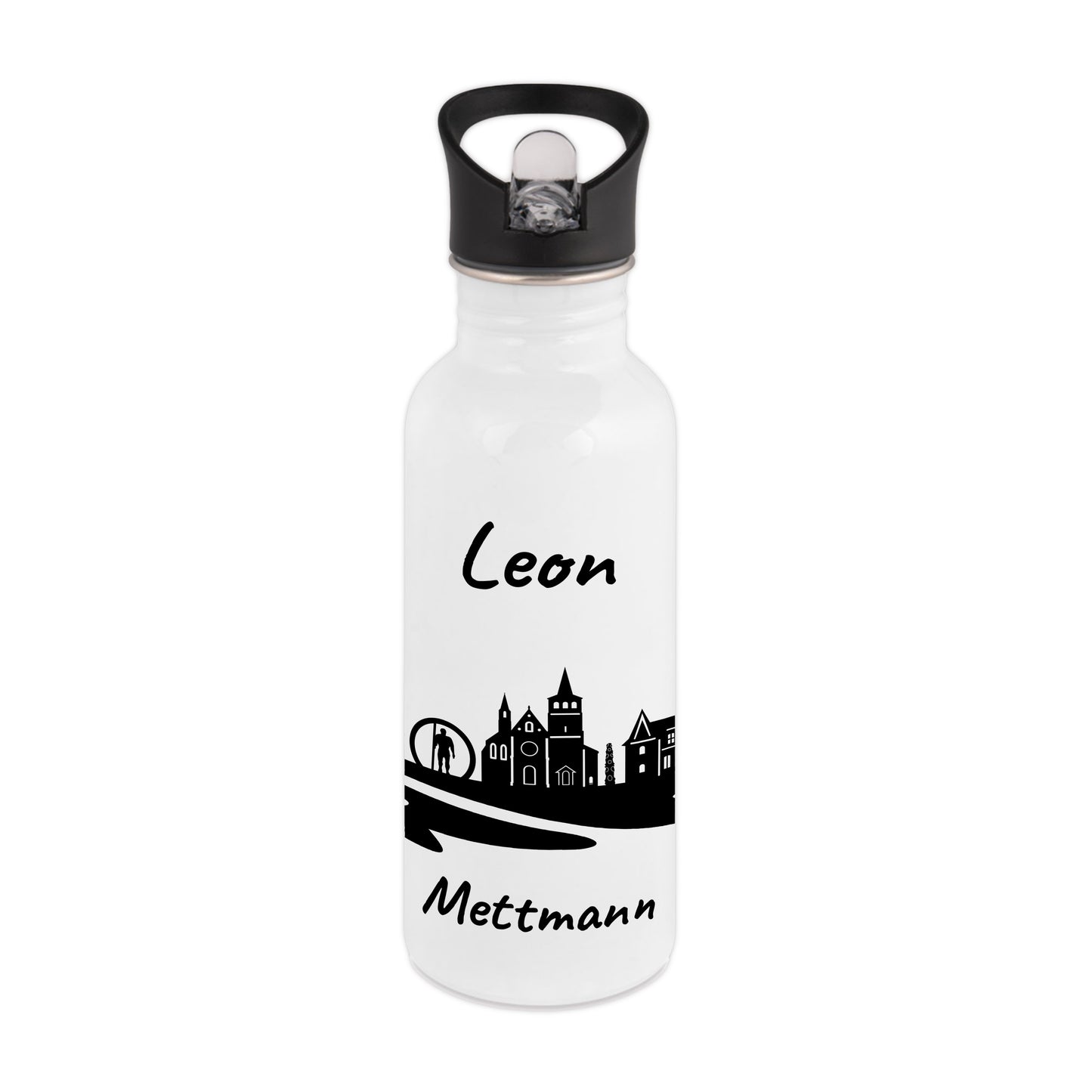 Trinkflasche in Weiß 600ml aus Edelstahl bedruckt mit der Skyline von Mettmann personalisierbar mit Wunschname
