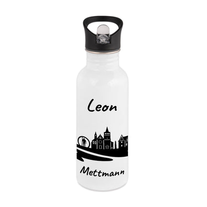 Trinkflasche in Weiß 600ml aus Edelstahl bedruckt mit der Skyline von Mettmann personalisierbar mit Wunschname