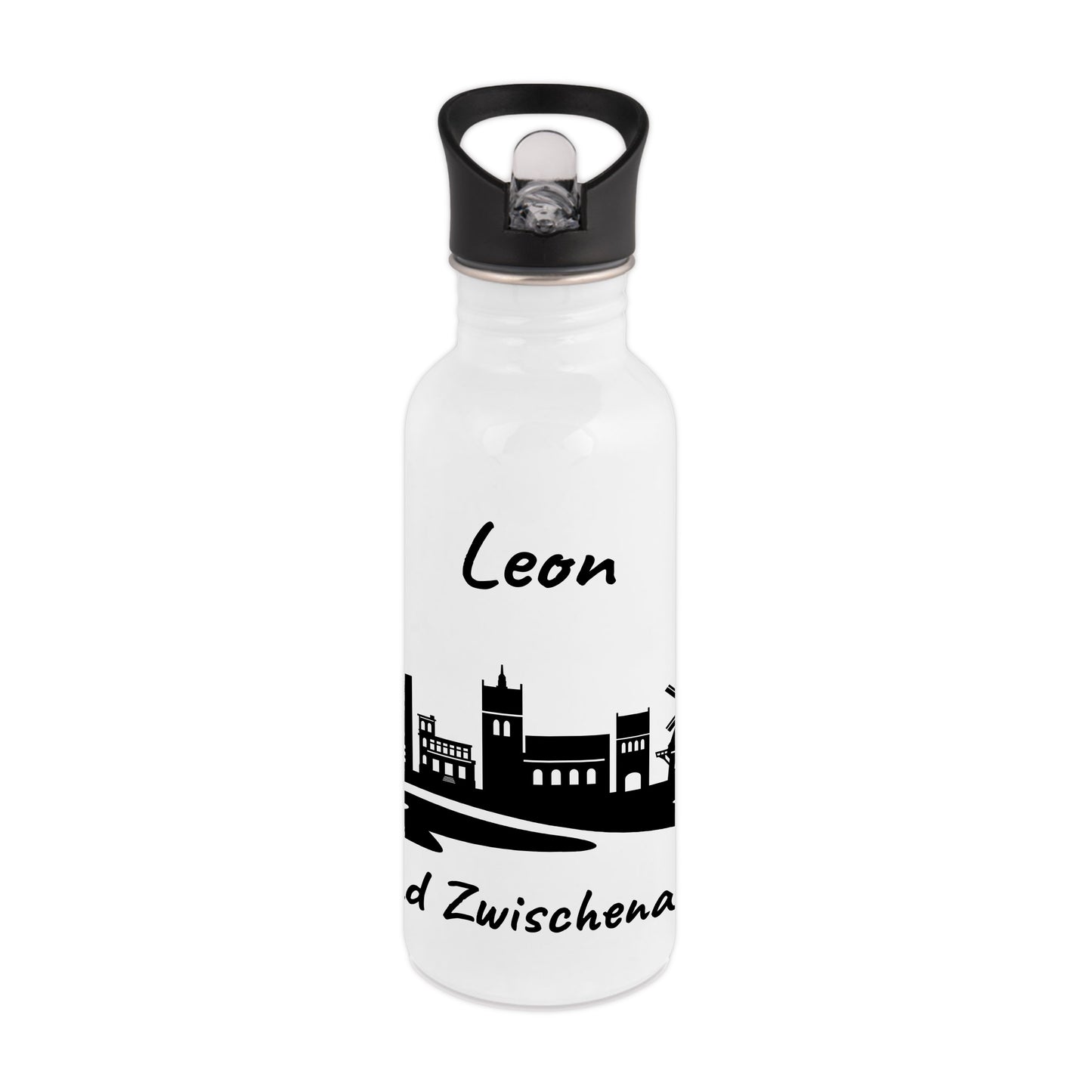 Trinkflasche in Weiß 600ml aus Edelstahl bedruckt mit der Skyline von Bad Zwischenahn personalisierbar mit Wunschname