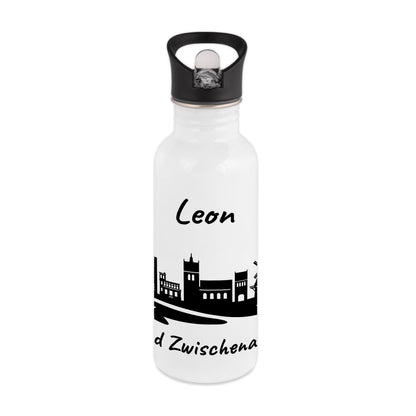 Trinkflasche in Weiß 600ml aus Edelstahl bedruckt mit der Skyline von Bad Zwischenahn personalisierbar mit Wunschname