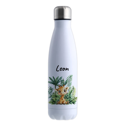 Trinkflasche in Weiß 500ml aus Edelstahl bedruckt mit Dschungel Tieren"Giraffe" personalisierbar für Kinder mit Wunschname