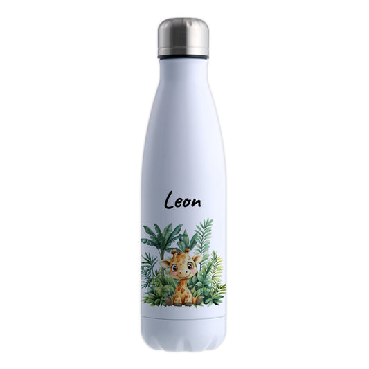 Trinkflasche in Weiß 500ml aus Edelstahl bedruckt mit Dschungel Tieren"Giraffe" personalisierbar für Kinder mit Wunschname