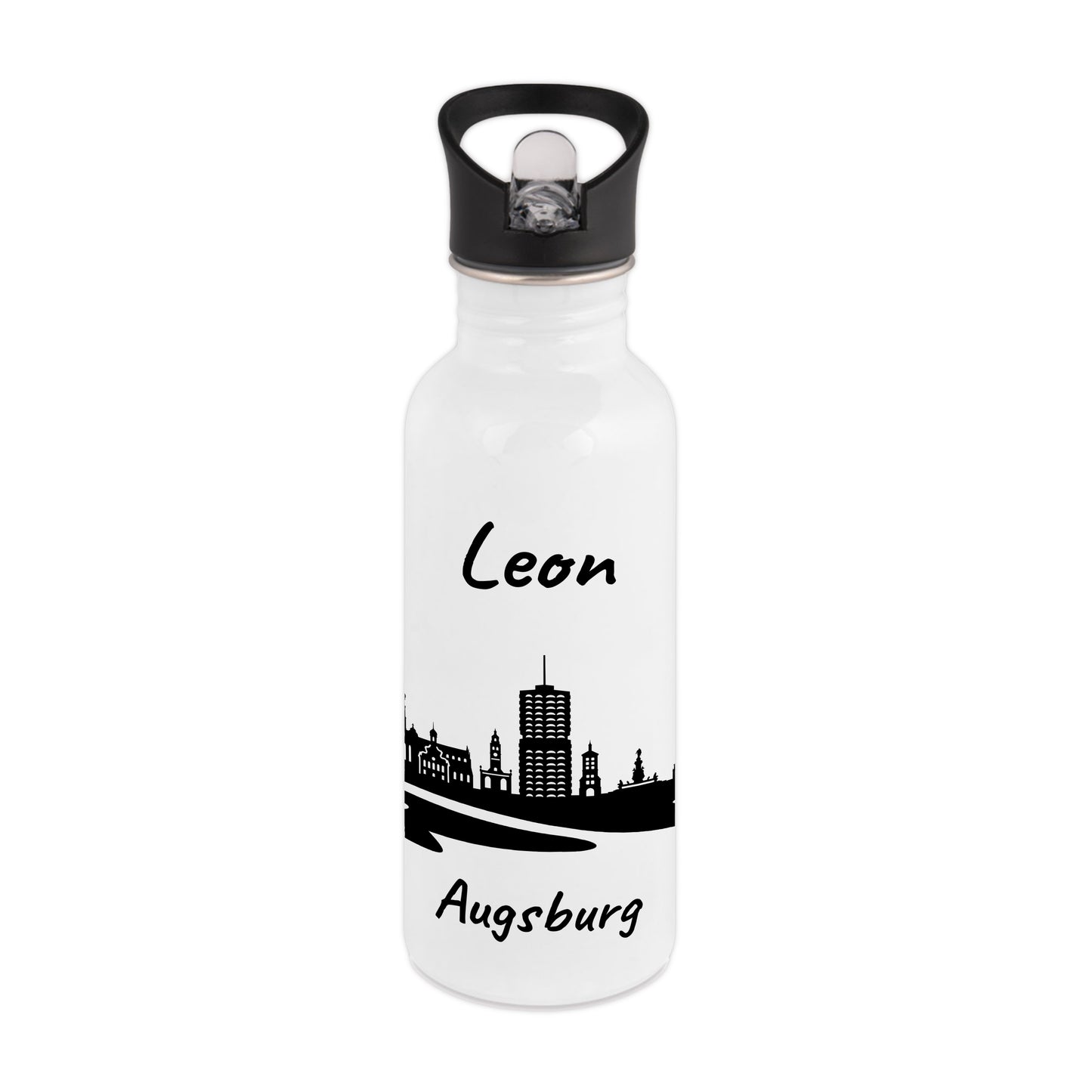 Trinkflasche in Weiß 600ml aus Edelstahl bedruckt mit der Skyline von Augsburg personalisierbar mit Wunschname