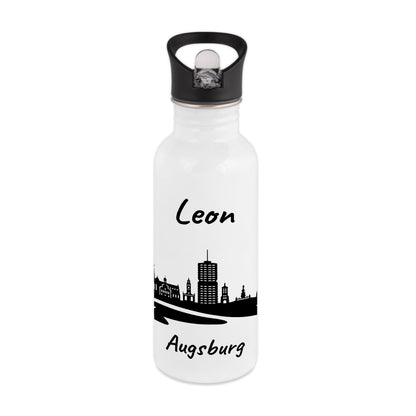 Trinkflasche in Weiß 600ml aus Edelstahl bedruckt mit der Skyline von Augsburg personalisierbar mit Wunschname