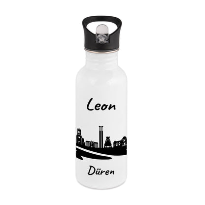 Trinkflasche in Weiß 600ml aus Edelstahl bedruckt mit der Skyline von Düren personalisierbar mit Wunschname