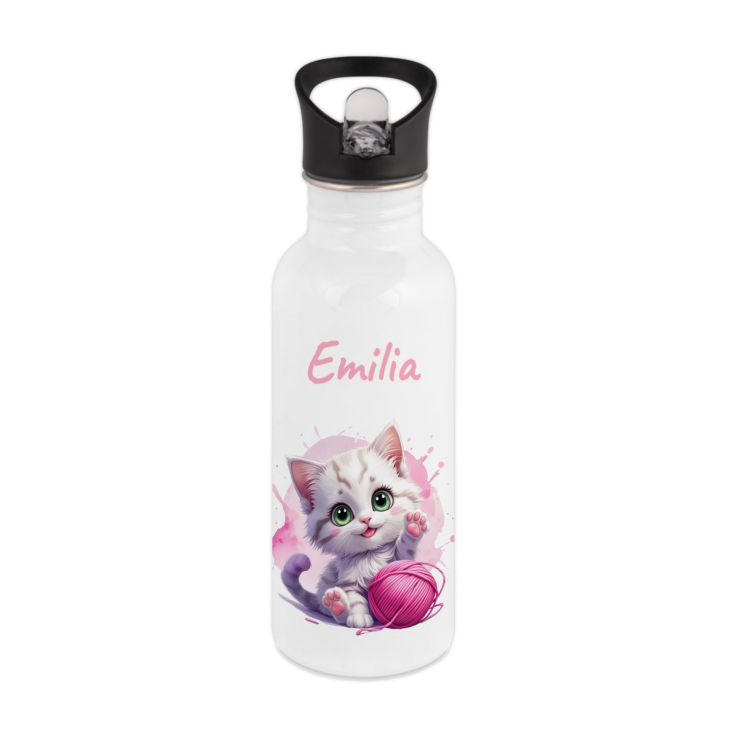 Trinkflasche mit Strohhalm in Weiß 600ml bedruckt mit niedlichen Tieren"Katze" personalisierbar für Kinder mit Wunschname aus Edelstahl
