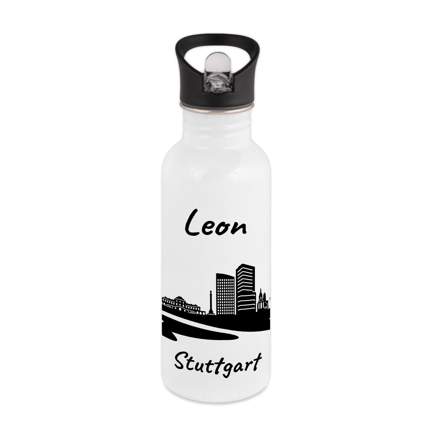 Trinkflasche in Weiß 600ml aus Edelstahl bedruckt mit der Skyline von Stuttgart personalisierbar mit Wunschname