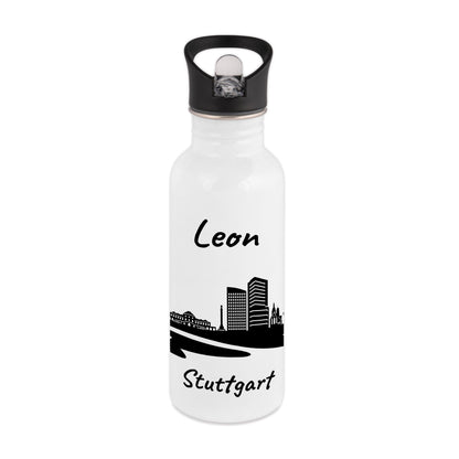 Trinkflasche in Weiß 600ml aus Edelstahl bedruckt mit der Skyline von Stuttgart personalisierbar mit Wunschname