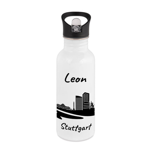 Trinkflasche in Weiß 600ml aus Edelstahl bedruckt mit der Skyline von Stuttgart personalisierbar mit Wunschname