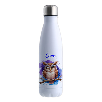 Trinkflasche in Weiß 500ml aus Edelstahl bedruckt mit niedlichen Tieren "Eule" personalisierbar für Kinder mit Wunschname